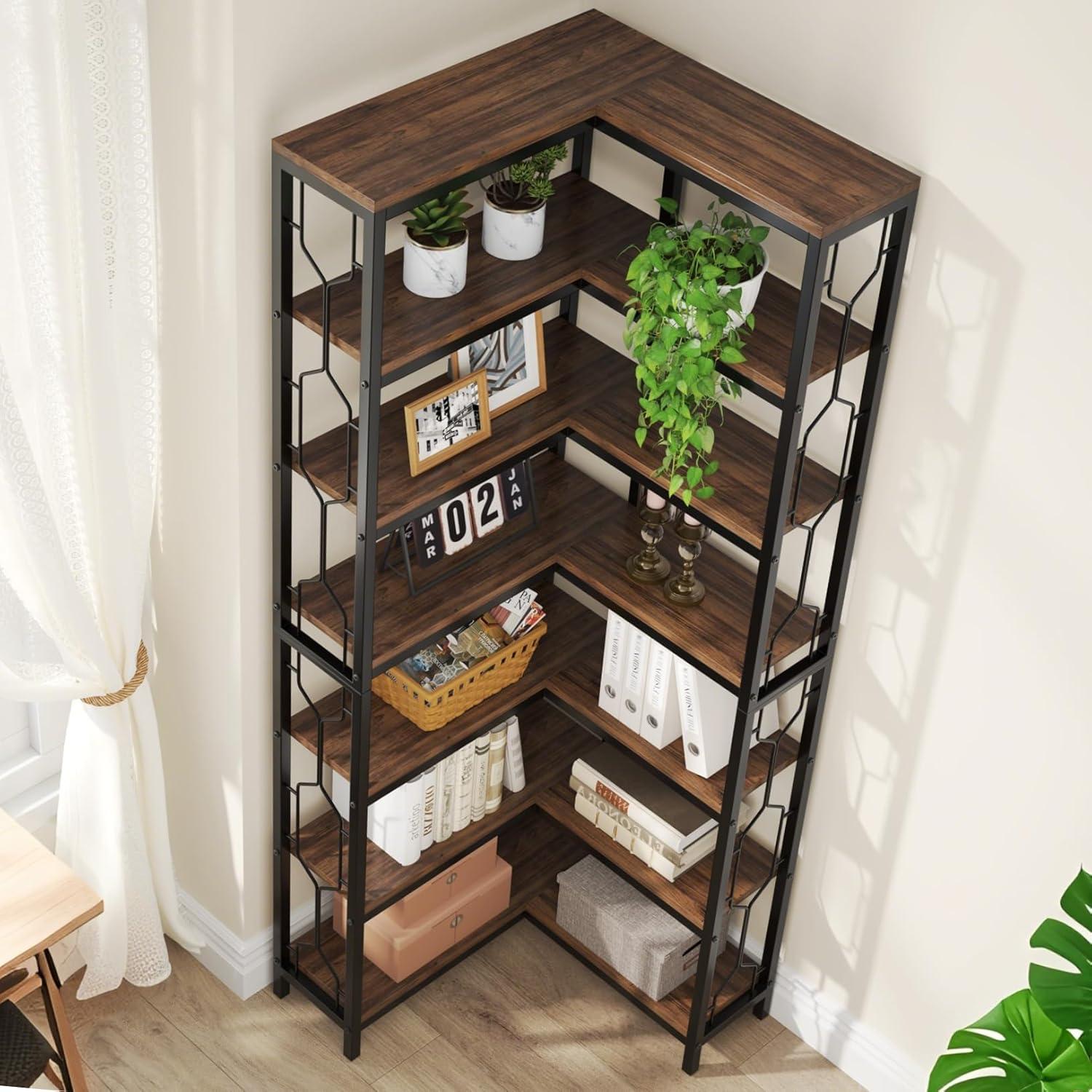 Hommoo 7-Tier Industrial Corner Bookshelf Rustic Brown