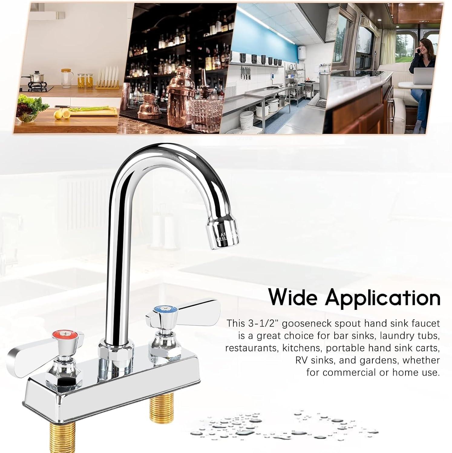 KWODE 4 Inch Center Commercial Hand Sink Faucet with 3-1/2”Gooseneck Spout, Dual Lever Handle Wall Mount Kitchen Sink Faucet, Brass Constructed, Chrome