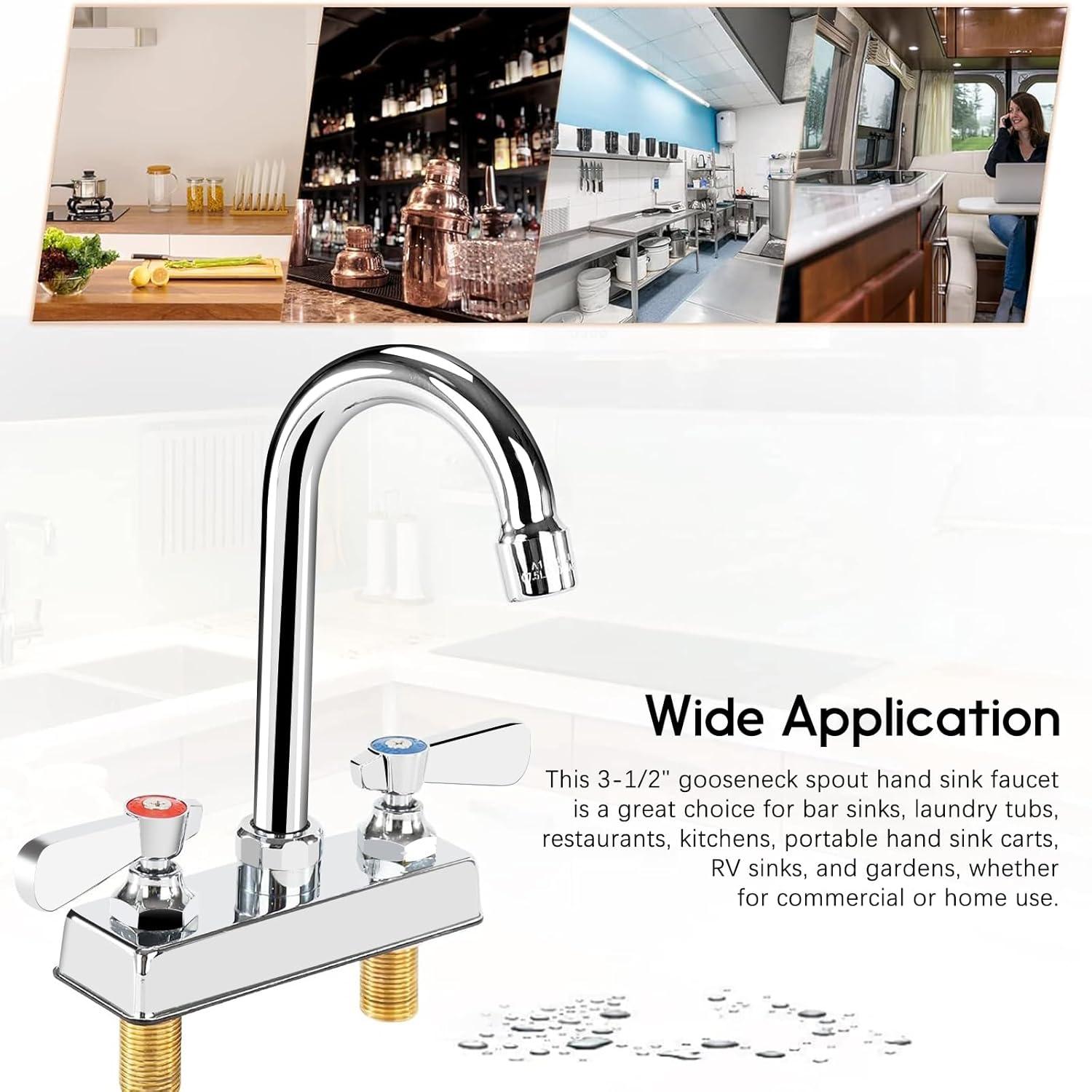 KWODE 4 Inch Center Commercial Hand Sink Faucet with 3-1/2”Gooseneck Spout, Dual Lever Handle Wall Mount Kitchen Sink Faucet, Brass Constructed, Chrome