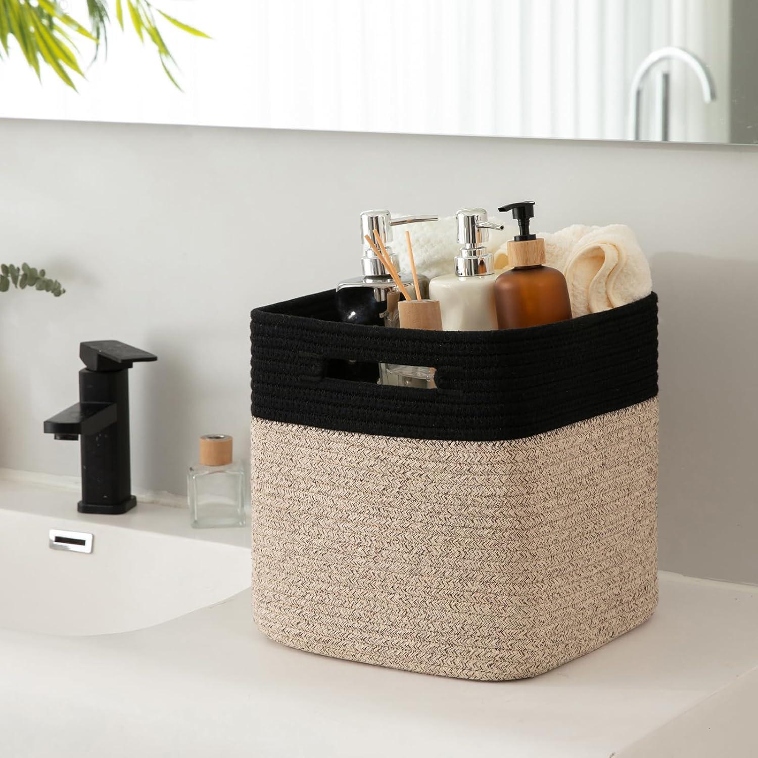 Storage Cube Baskets for Organizing-3 Pack - 11 inch Square Baskets for Cube Storage Closet Storage Bins- Woven Cube Storage Bins for Shelves- Cube Drawer-Toy Storage |White & Black