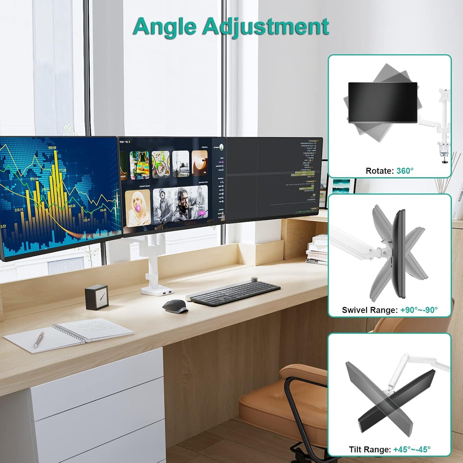 White Triple Monitor Desk Mount with Gas Spring Arm