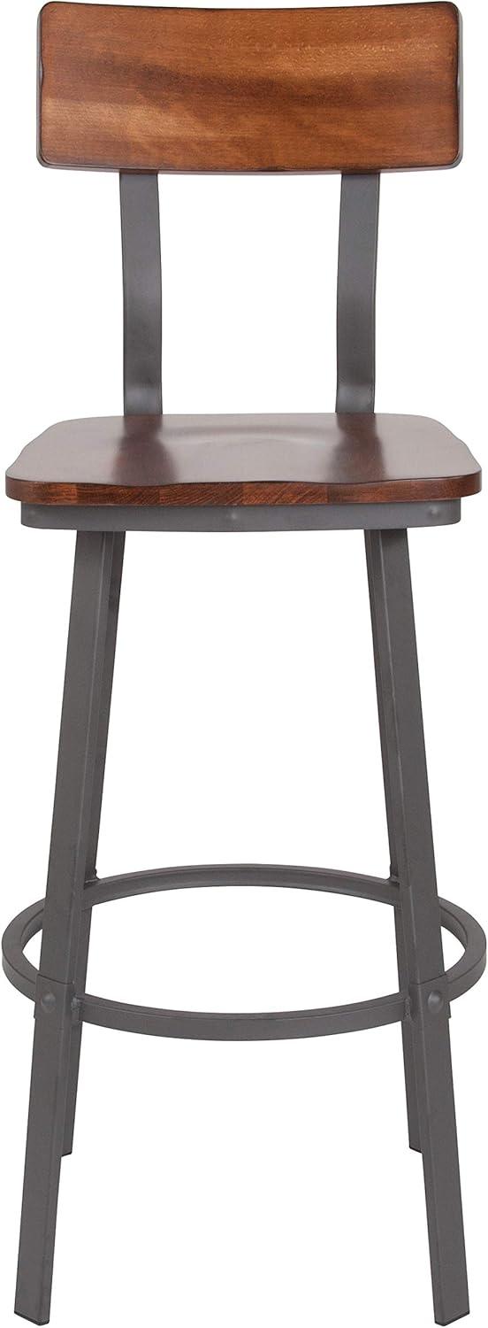 Flash Furniture Flint Series Rustic Walnut Restaurant Barstool with Wood Seat & Back and Gray Powder Coat Frame