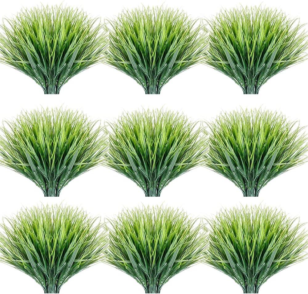 Morttic 12 Bundles Artificial Grasses Outdoor UV Resistant Fake Grass No Fade Faux Plastic Plants Garden Window Box Decorating(Green Grass)