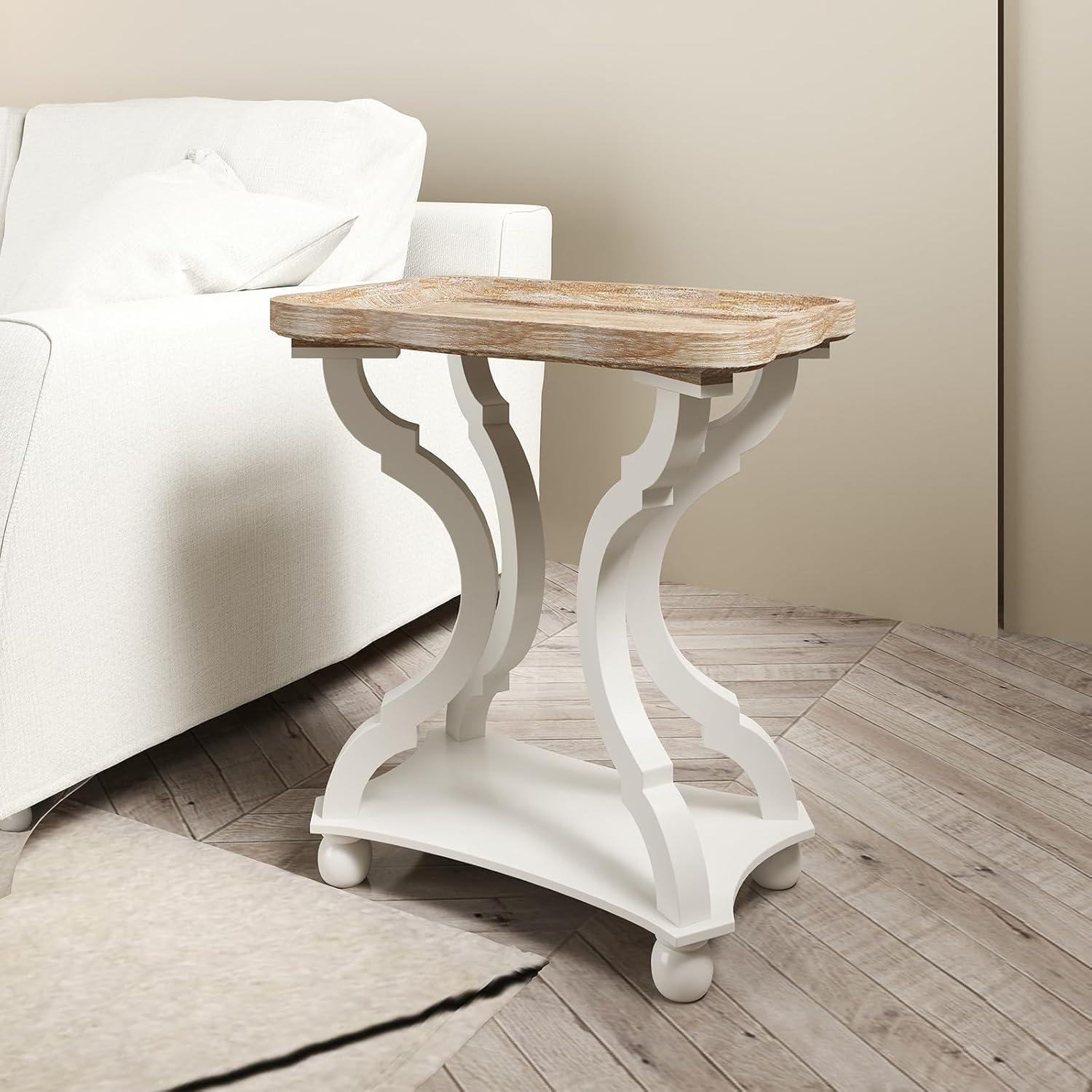 Kinbor Accent Wood Farmhouse End Table Side Tables Nightstand Natural Tray Top and Legs, White