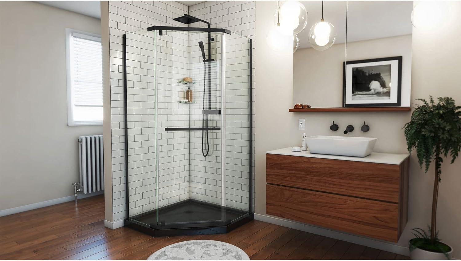 Prism 42" W x 42" D x 74.75" H Frameless Neo-Angle Reversible Shower Kit with Towel Bar and Base Included