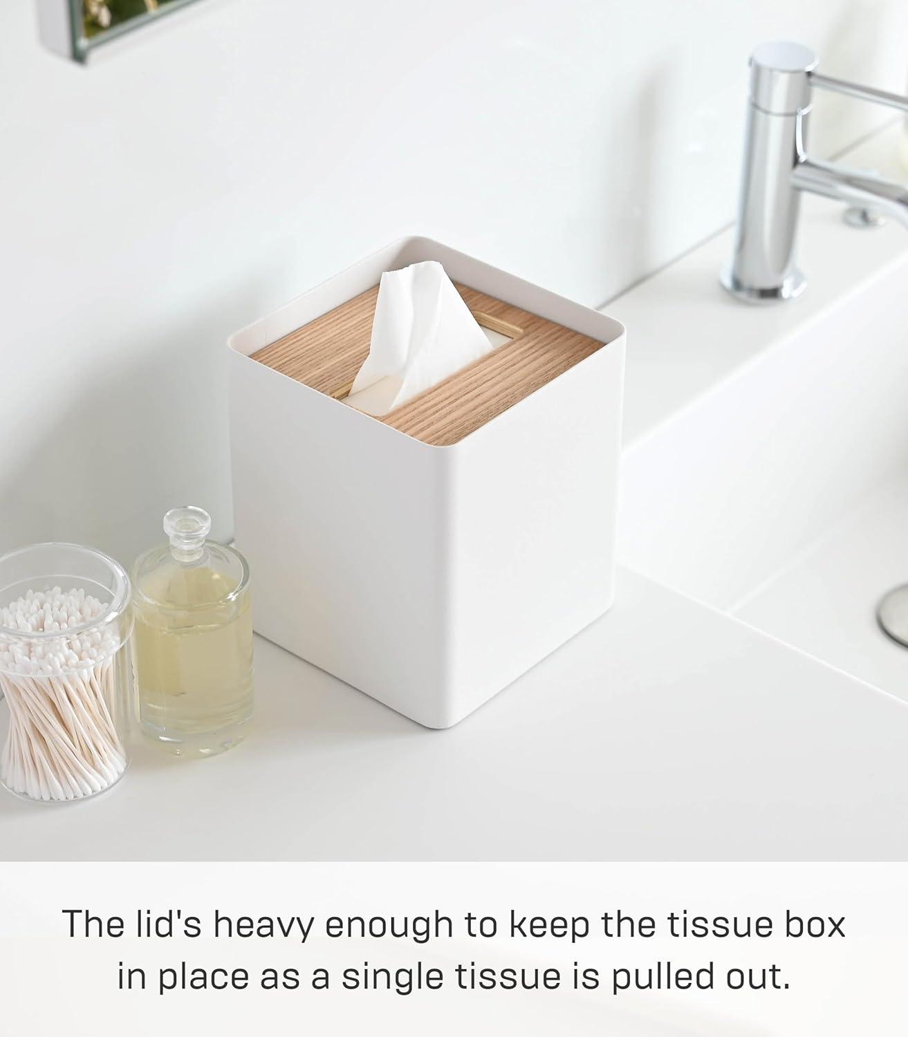 Yamazaki Home Yamazaki Home Square Reusable Tissue Box Cover Metal Container Case With Natural Wooden Lid,, Steel