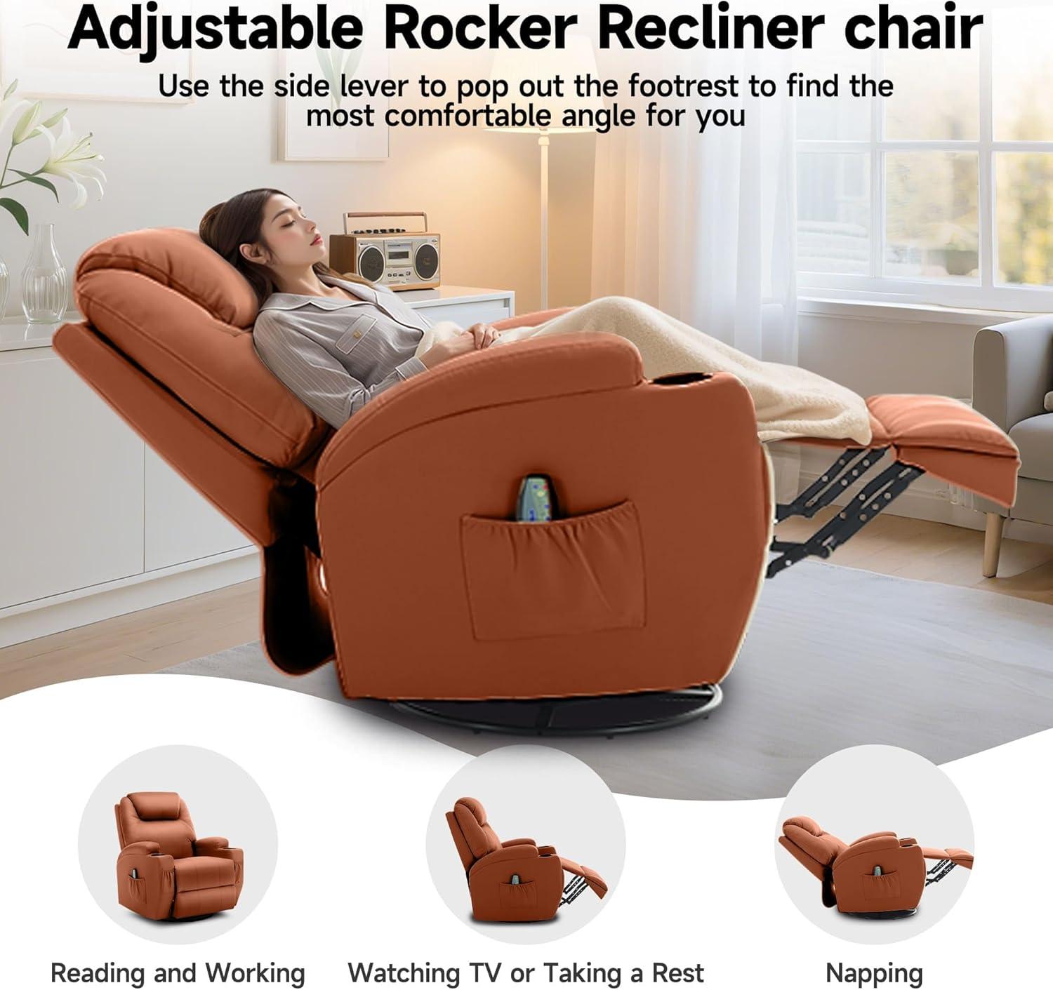 Latitude Run® Recliner Chair, Rocking Chair with Massage and Heat, 360° Swivel Recliner Chairs for Adults, Rocker Manual Recliner with Remote Control and Cup Holder for Living Room
