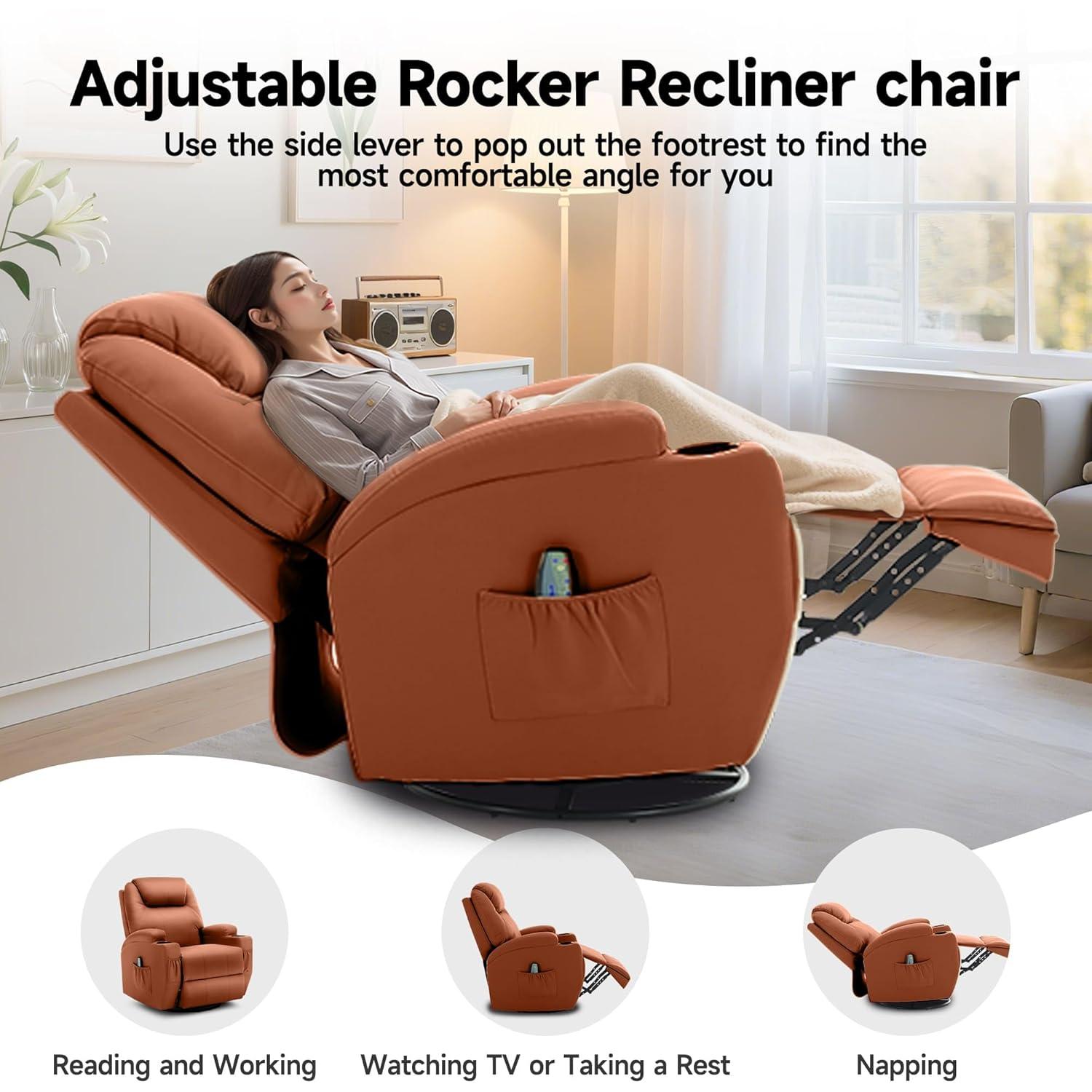 Latitude Run® Recliner Chair, Rocking Chair with Massage and Heat, 360° Swivel Recliner Chairs for Adults, Rocker Manual Recliner with Remote Control and Cup Holder for Living Room