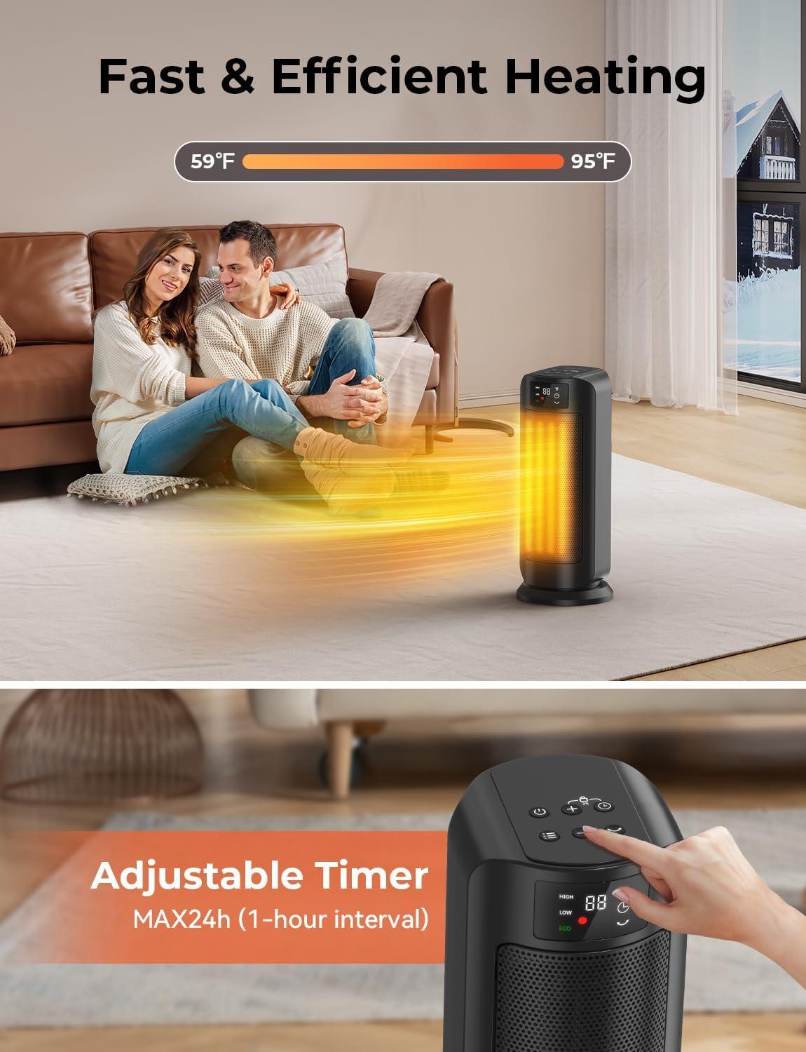 1500W Space Heaters for Indoor Use, PTC Ceramic Electric Heater Fast Heating with Remote, ECO, 59-95°F Digital Thermostat, Child Lock, 24H Timer, Oscillating Portable Electric Heater for Large Room