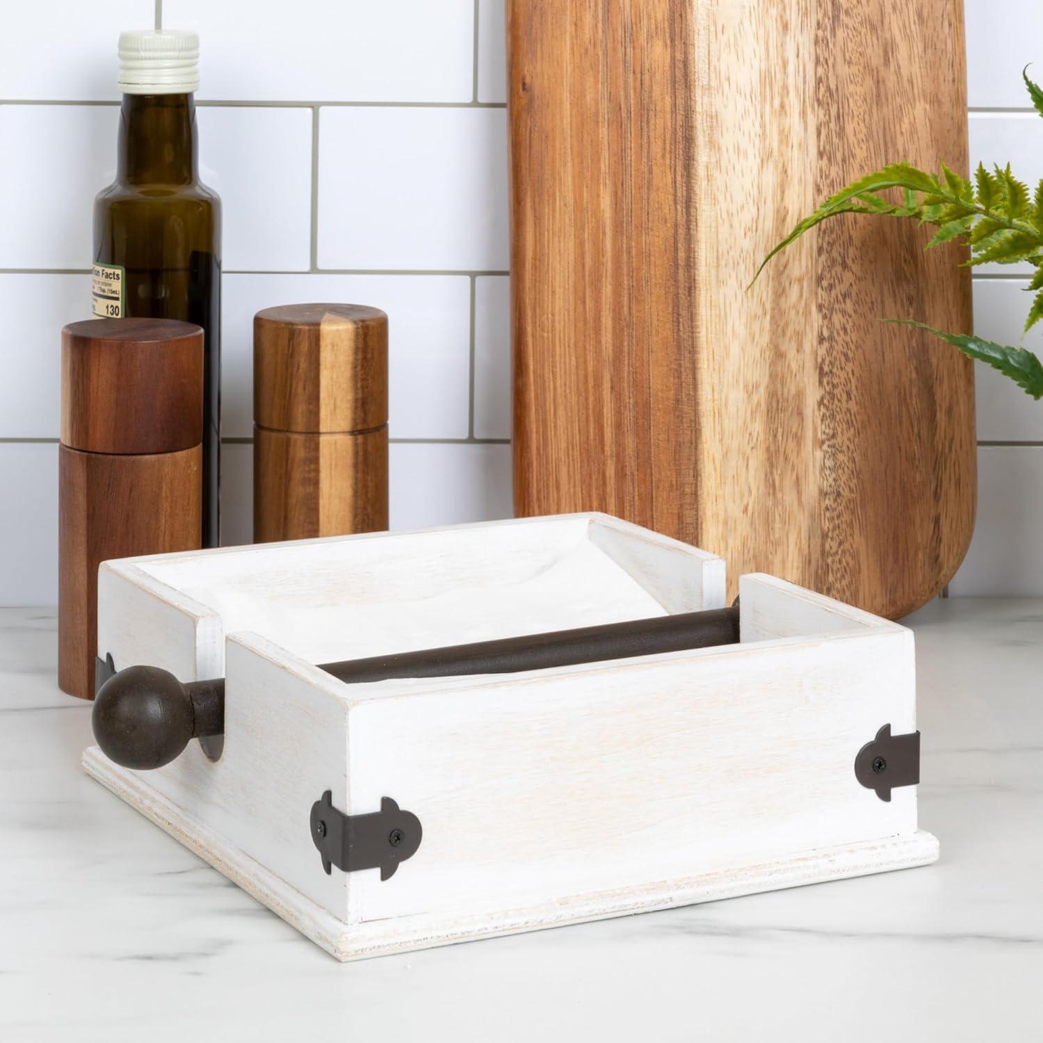 Creative Co-Op Farmhouse Square Wood and Metal Napkin Holder, Whitewashed Finish