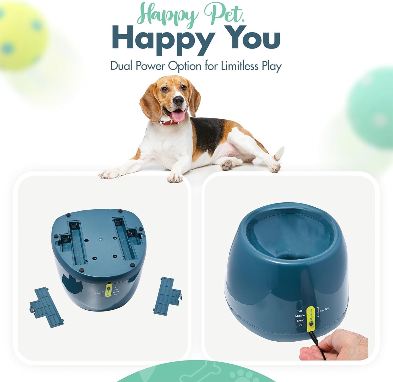 Crafts Central Automatic Dog Ball Launcher - Dog Ball Fetch Machine, Ball Thrower for Dogs, for Small to Medium Sized Dogs, Great Interactive Dog Toy with 6 Latex Balls, Dual Power Supply