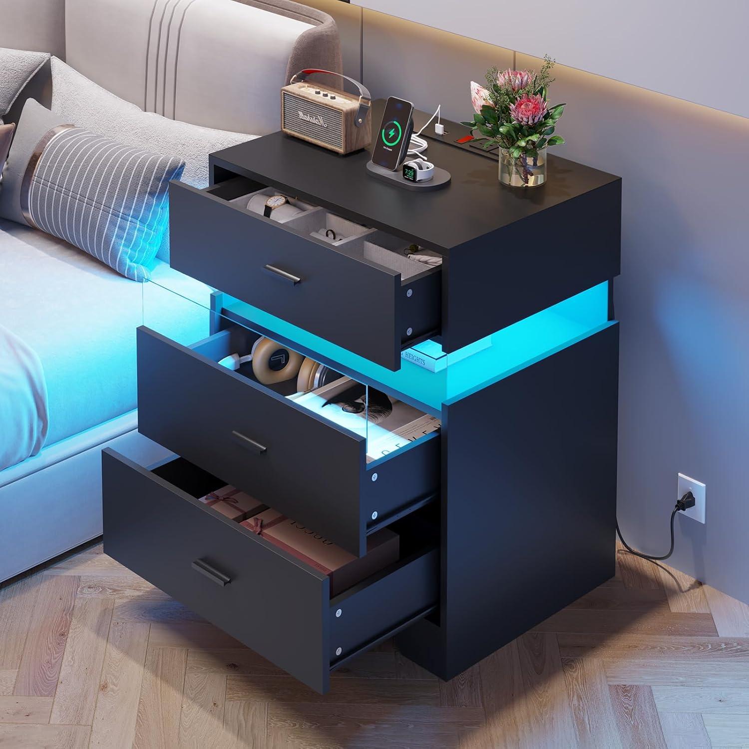 Nightstand with Acrylic LED Light, End Side Table with Charging Station and 3 Drawers, Bedside Table for Bedroom, Black