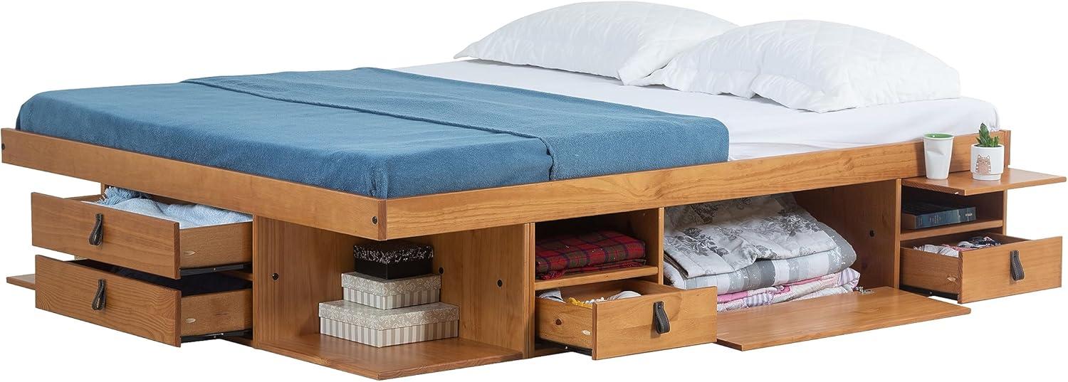 Queen Oak Wood Platform Storage Bed with Drawers