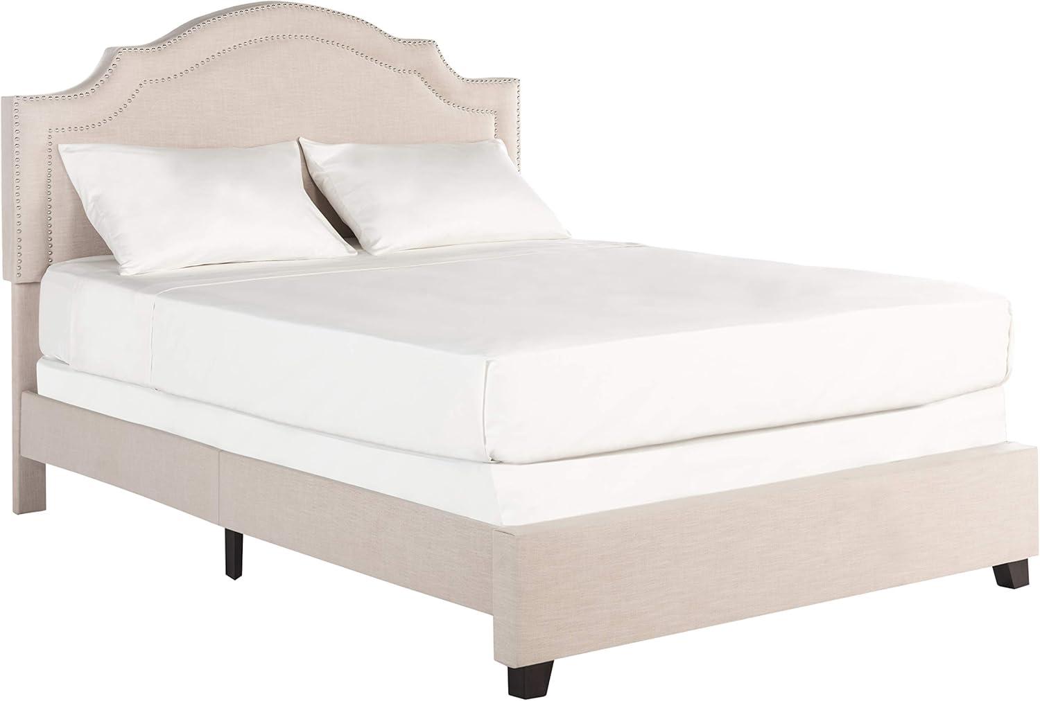 Light Beige Queen Upholstered Bed Frame with Nailhead Trim