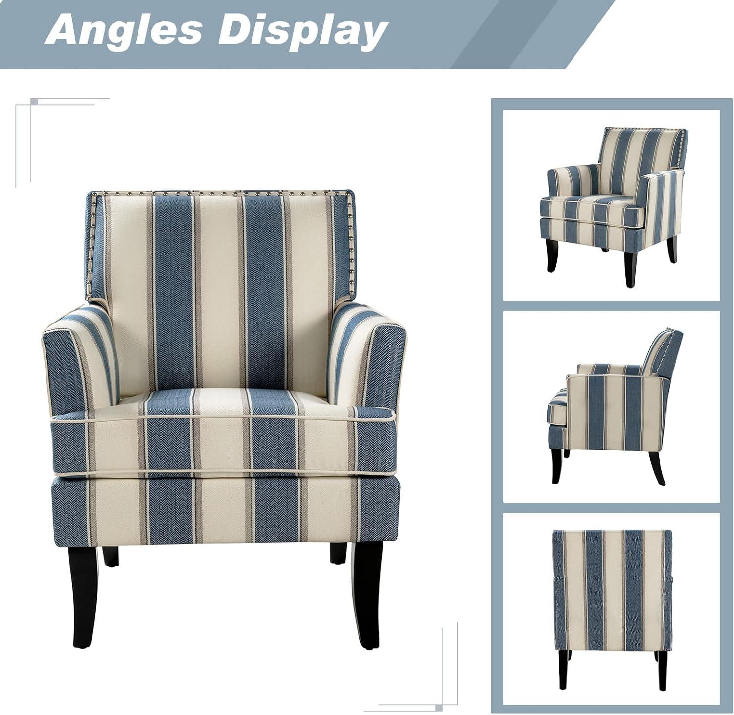 Upholstery Accent Chair Armchair Sofa Couch Lounge Seat Wood Black Legs Nailhead Trim Home Living Room Bedroom Stripe Blue