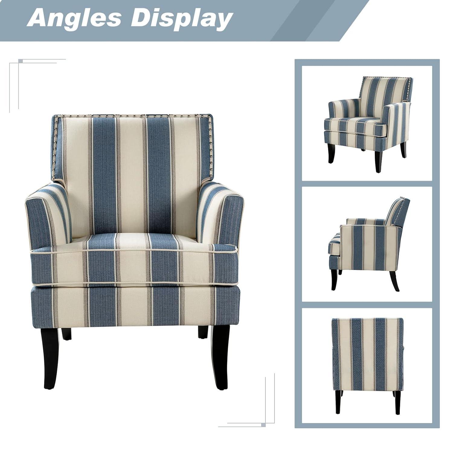 Upholstery Accent Chair Armchair Sofa Couch Lounge Seat Wood Black Legs Nailhead Trim Home Living Room Bedroom Stripe Blue