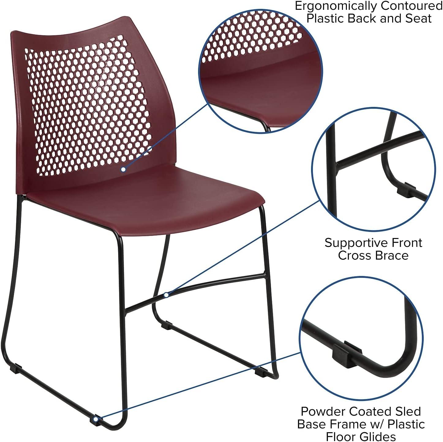 Flash Furniture HERCULES Series 5 Pack 661 lb. Capacity Burgundy Stack Chair with Air-Vent Back and Black Powder Coated Sled Base