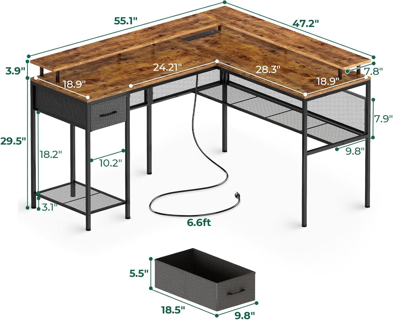 Rustic Brown L-Shaped Computer Desk with LED Lights and Storage