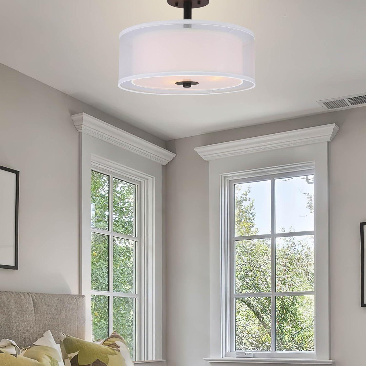 XiNBEi Lighting Semi Flush Mount Ceiling Light, 3 Light Drum Semi Flush Light, 16" Close to Ceiling Light with Fabric Shade in Dark Bronze for Living Room & Bedroom XB-SF1194-DB