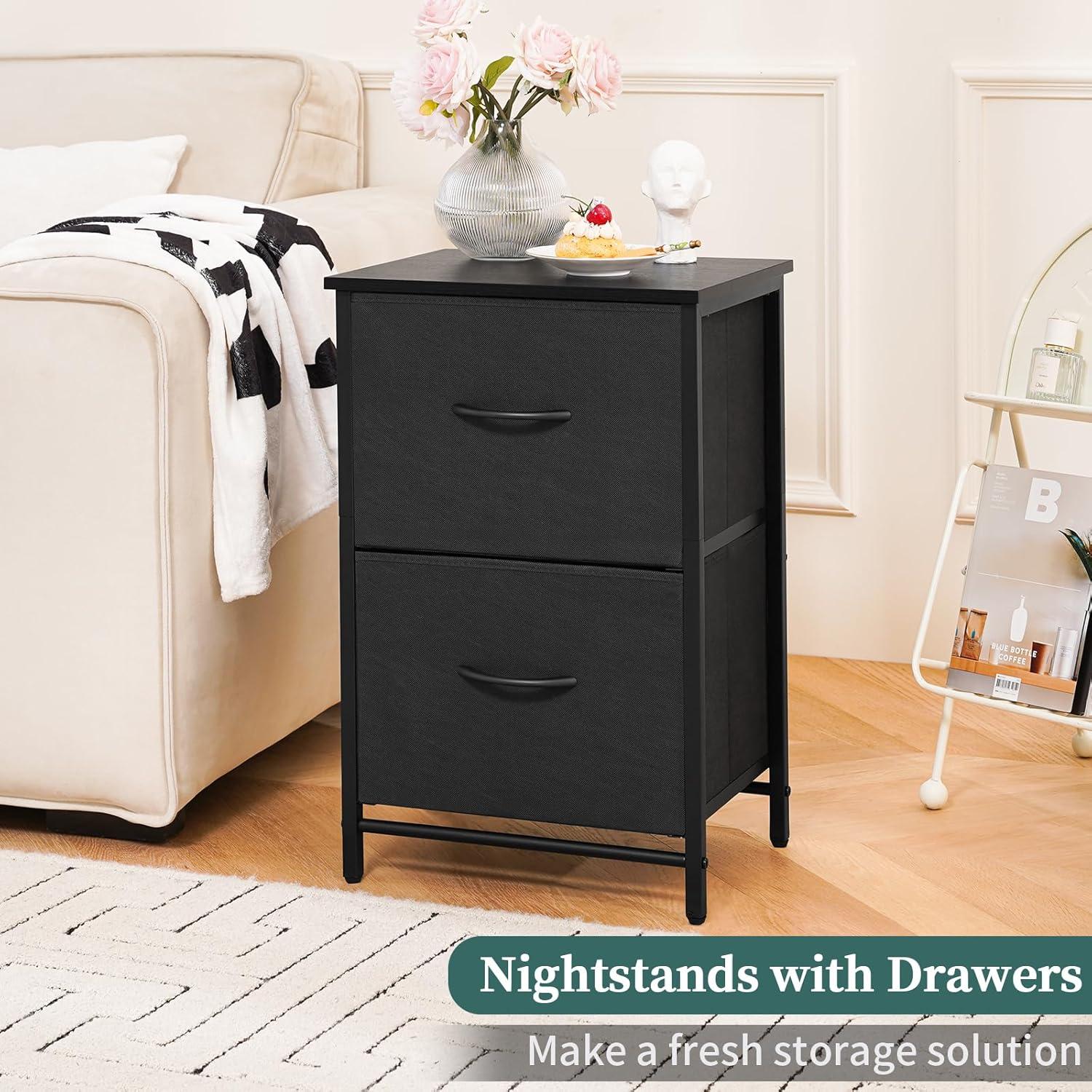 Fabric Nightstand Set of 2 - Small Wood Bedside Tables with Storage Drawers for Bedrooms and Dorms