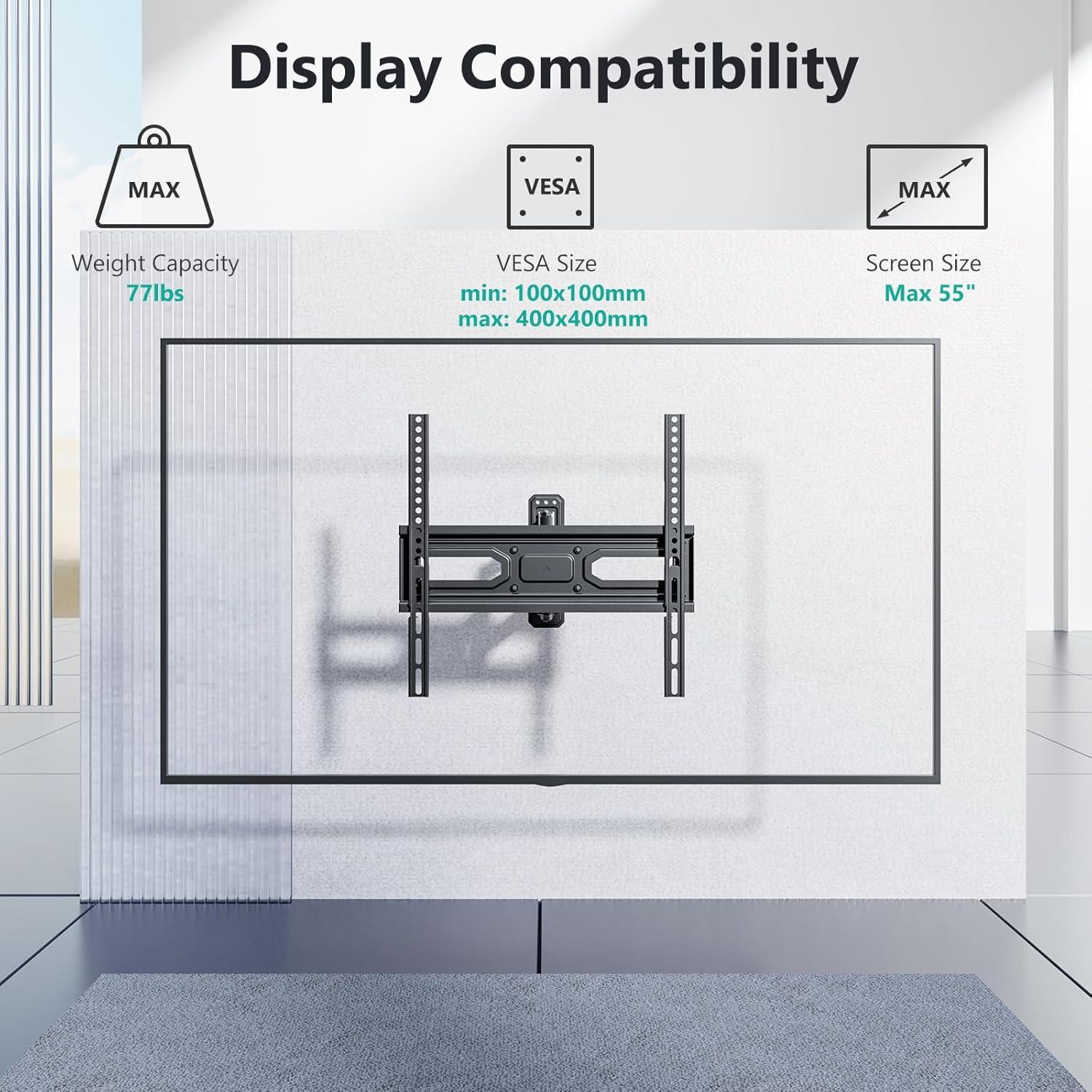 WALI TV Wall Mount for 32-55 inch Flat/Curved TVs, Full Motion Articulating Arm Corner TV Mount for LED,LCD,OLED Screens up to 77lbs, VESA 400x400mm (FTM-1), Black