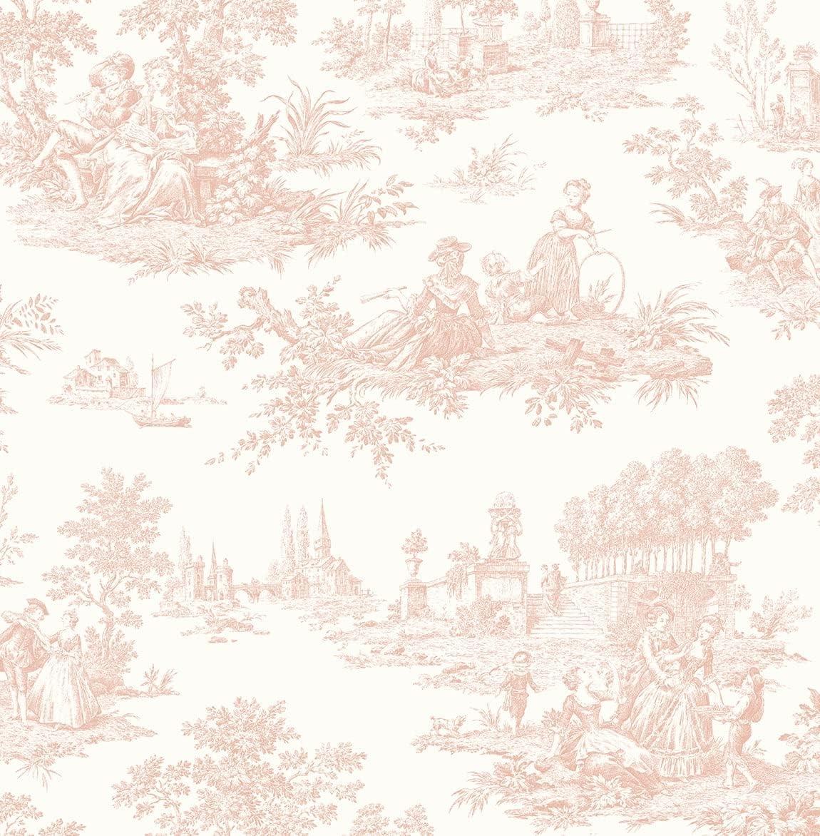 NextWall Chateau Toile Peel and Stick Wallpaper Pink: Vintage Vinyl, Self-Adhesive, Repositionable, Washable, 30.75 Sq Ft Coverage