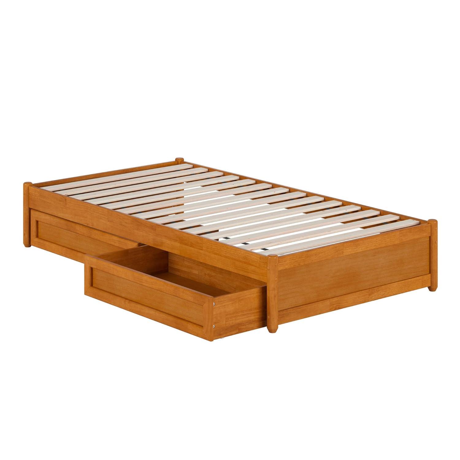 Barcelona Queen Wood Panel Platform Bed with Storage Drawers in Light Toffee