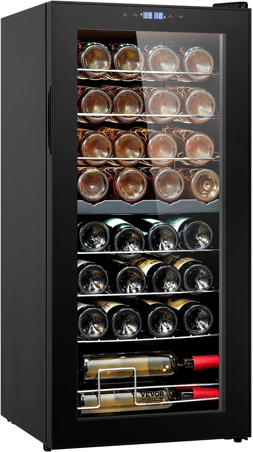 32-Bottle Black Dual Zone Freestanding Wine Cooler with Glass Door