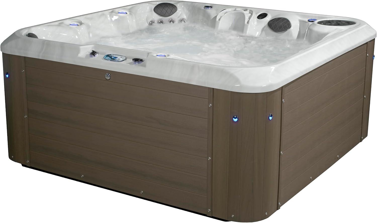 Amplified 6-Person 100-Jet Double-Lounger Hot Tub Spa with Bluetooth Stereo, 3 Pumps, LED Lighting, Stainless Steel Heater and Ozonator, Insulated Cover and Steps Included