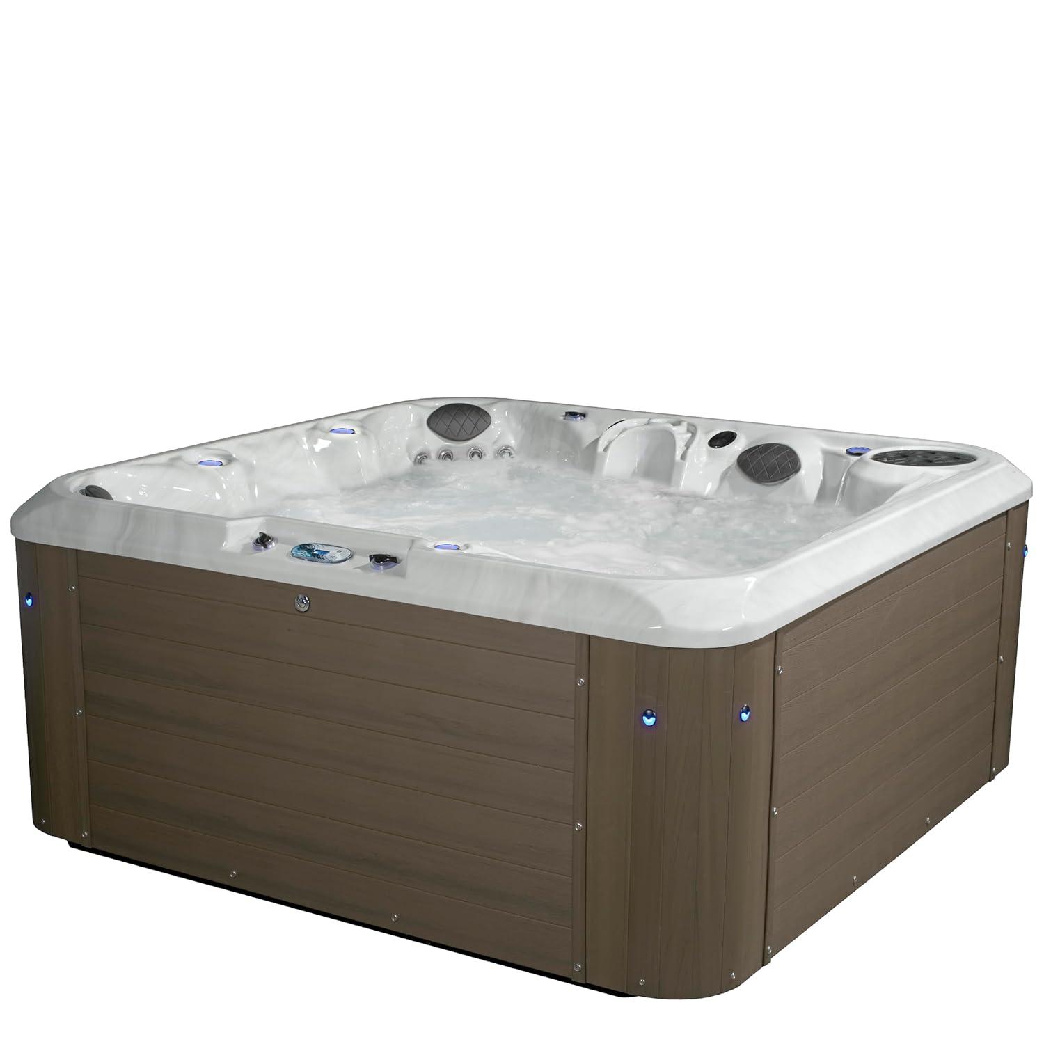 Amplified 6-Person 100-Jet Double-Lounger Hot Tub Spa with Bluetooth Stereo, 3 Pumps, LED Lighting, Stainless Steel Heater and Ozonator, Insulated Cover and Steps Included
