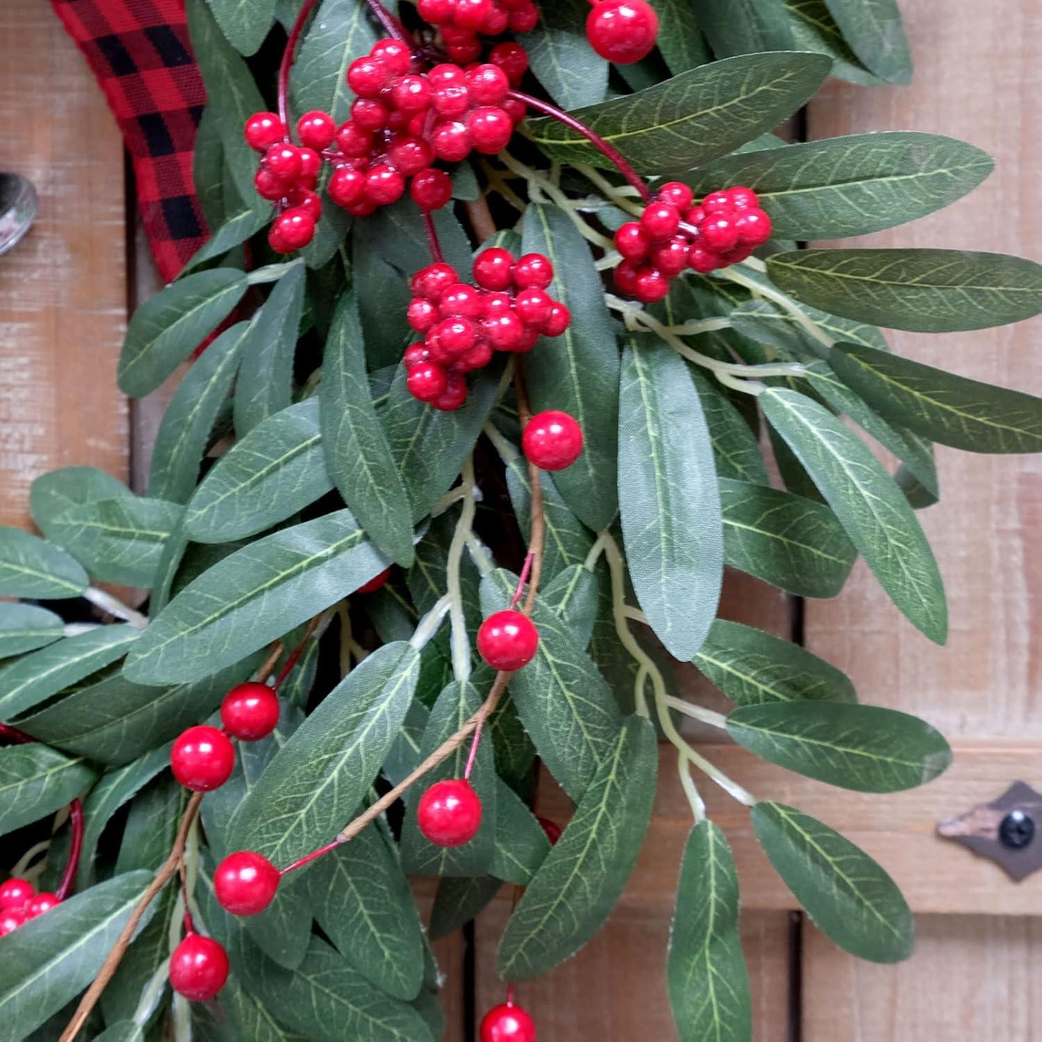 Christmas Olive Wreath For Front Door Christmas Red Berry Wreath, Winter Bowknot Leaves Wreath With Red Berry And Jingle Bell Farmhouse Front Door Wreath