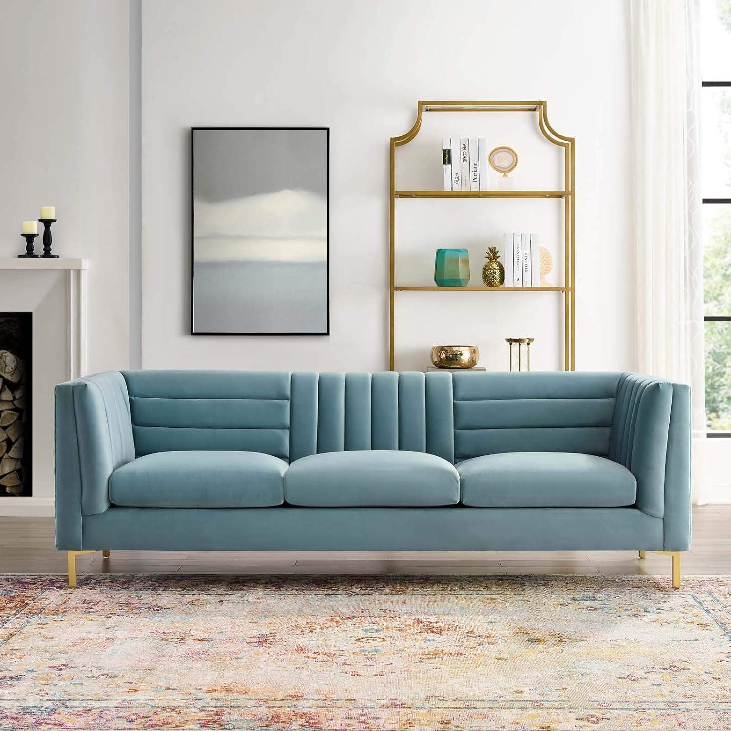 Light Blue Velvet Tufted Sofa with Gold Steel Legs