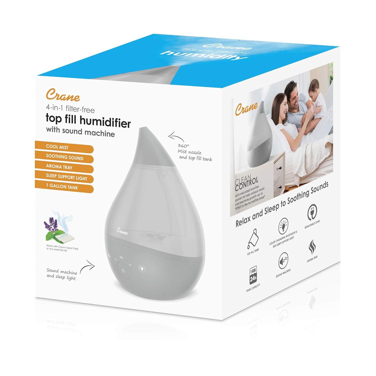 Crane USA Drop 2.0 , 4-in-1 Cool-Mist Humidifier with Aroma Tray & Sound Machine