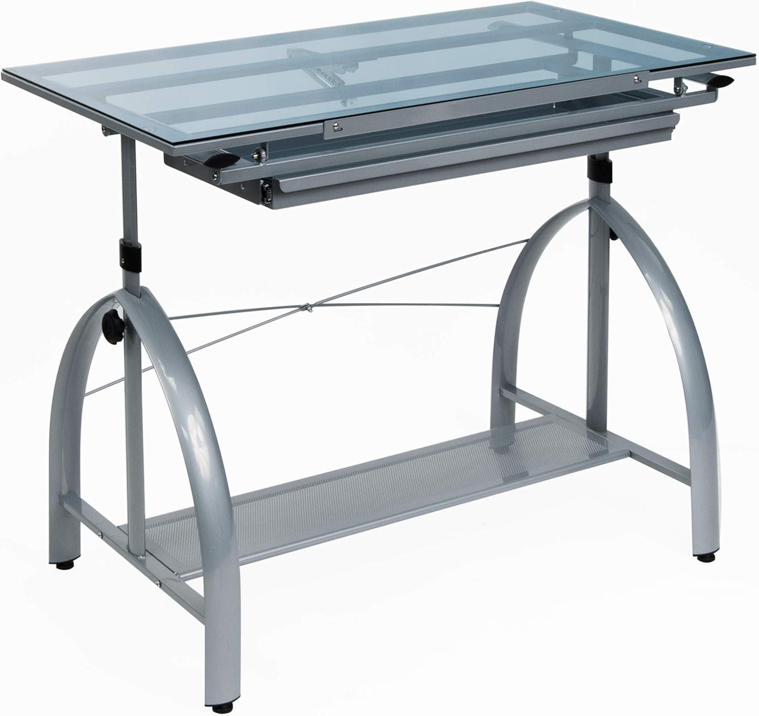 Avanta 42'' Silver Steel Drafting Table with Blue Glass Top