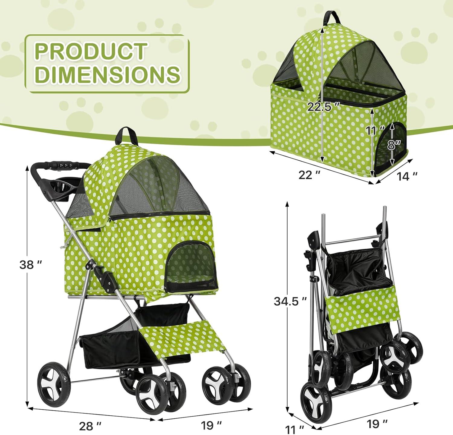 3-In-1 Pet Stroller Foldable Pet Stroller With Weather Cover Storage Basket For Dog Cat