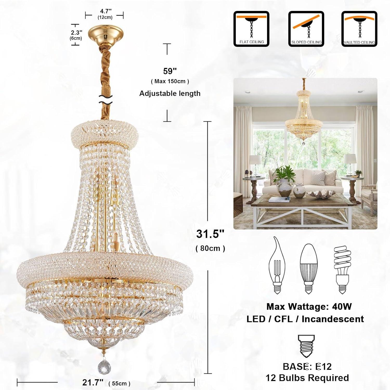 12 Lights Gold Finish Empire Crystal Chandelier Lighting for Dining Room Living Room Foyer Hallway Bedroom Entryway (Dia 22'')