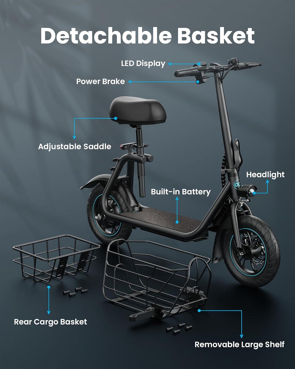 GYROOR Electric Scooter with Seat for Pets and Adults, 550W Powerful Motor 20miles Distance Max 18.6MPH Speed Spacious Storage Space LED Display, C1S