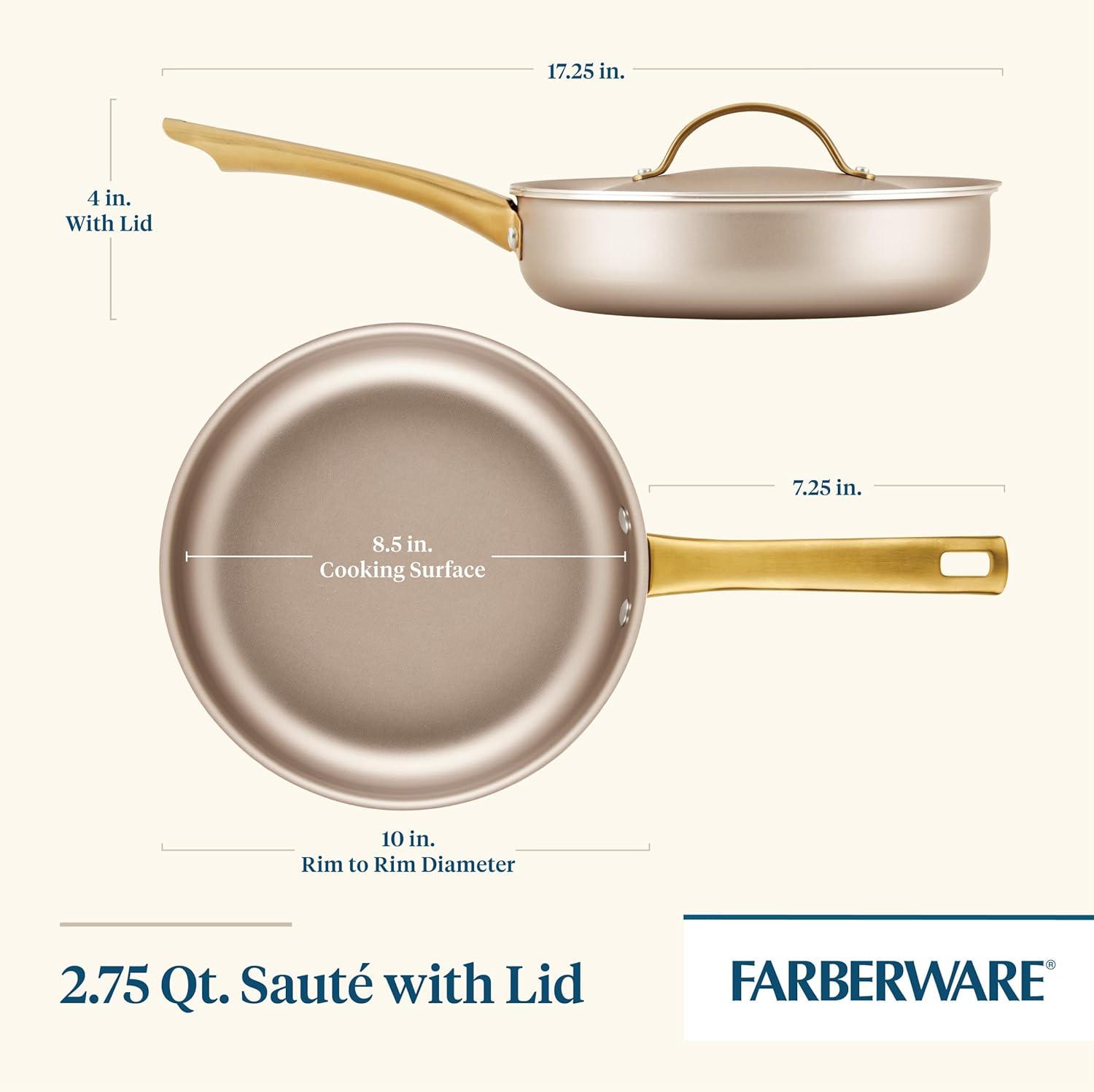 Farberware Radiant 2.75qt Nonstick Covered Saute Pan: Dishwasher-Safe, Tempered Glass Lid, Gas & Electric Compatible