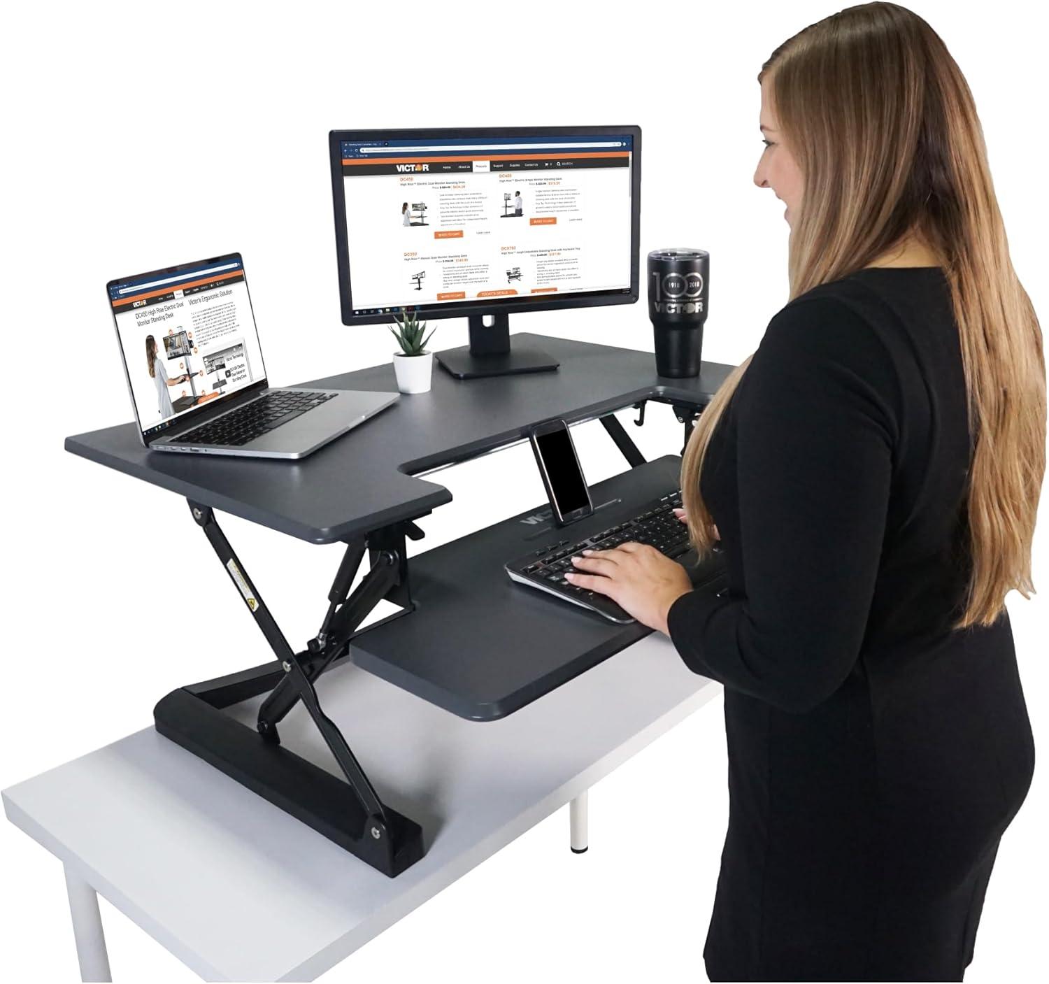 Elevate 36" Charcoal Gray & Black Wood Steel Sit-Stand Desk Converter