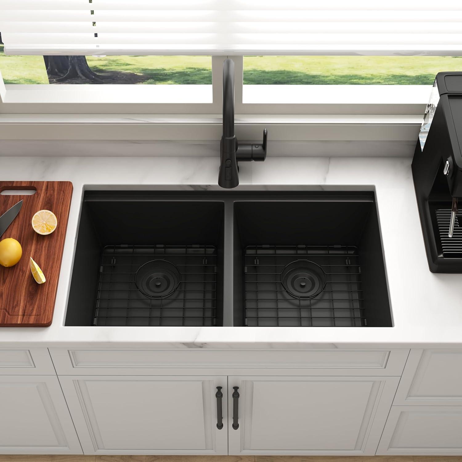 Blenzia 32 Inch Gold Double Bowl Kitchen Sink Undermount 50/50 Stainless Steel 16 Gauge Sinks 32" X 18" X 10"