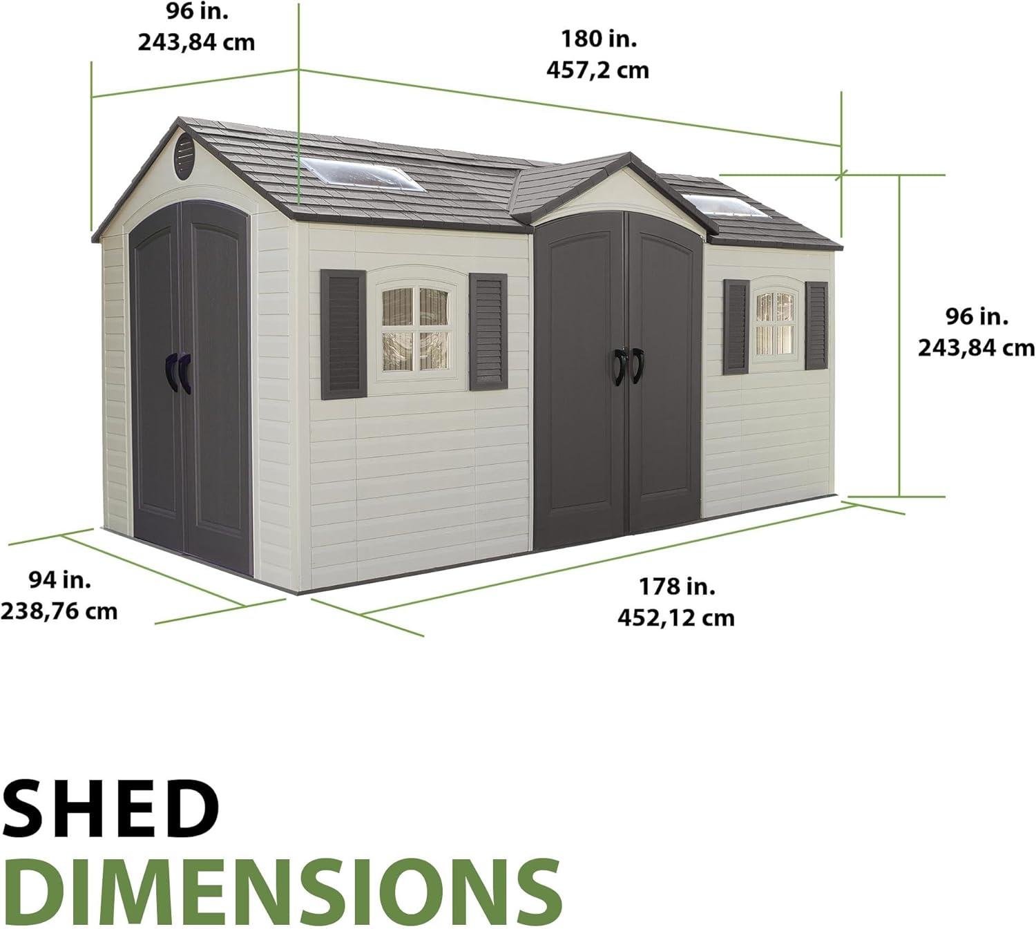 Lifetime Polyethylene Outdoor Storage Shed, 106.5 Sq. ft., 15' x 8', Two Double Door Entries (60079)