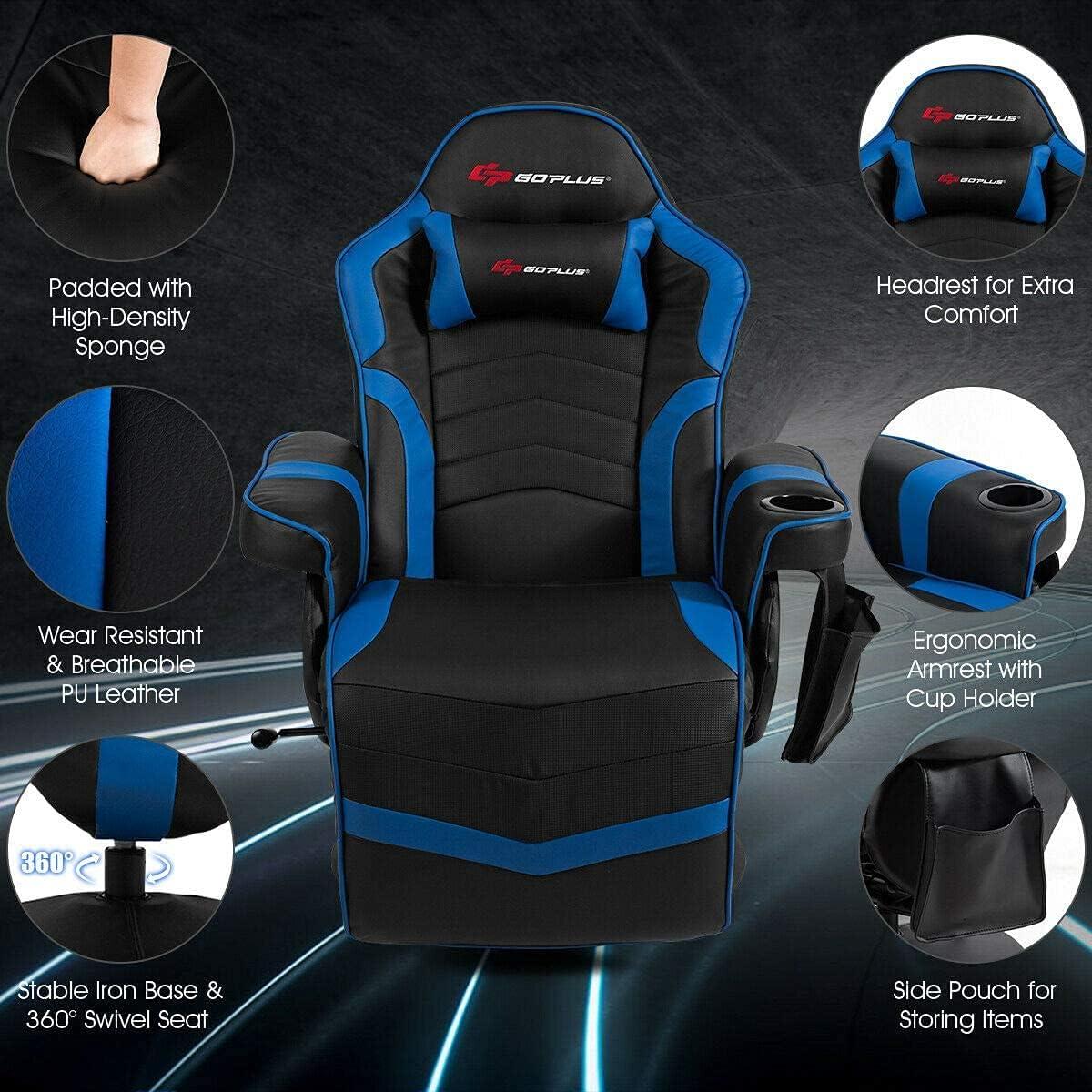 Costway Massage Gaming Recliner Reclining Racing Chair Swivel Blue