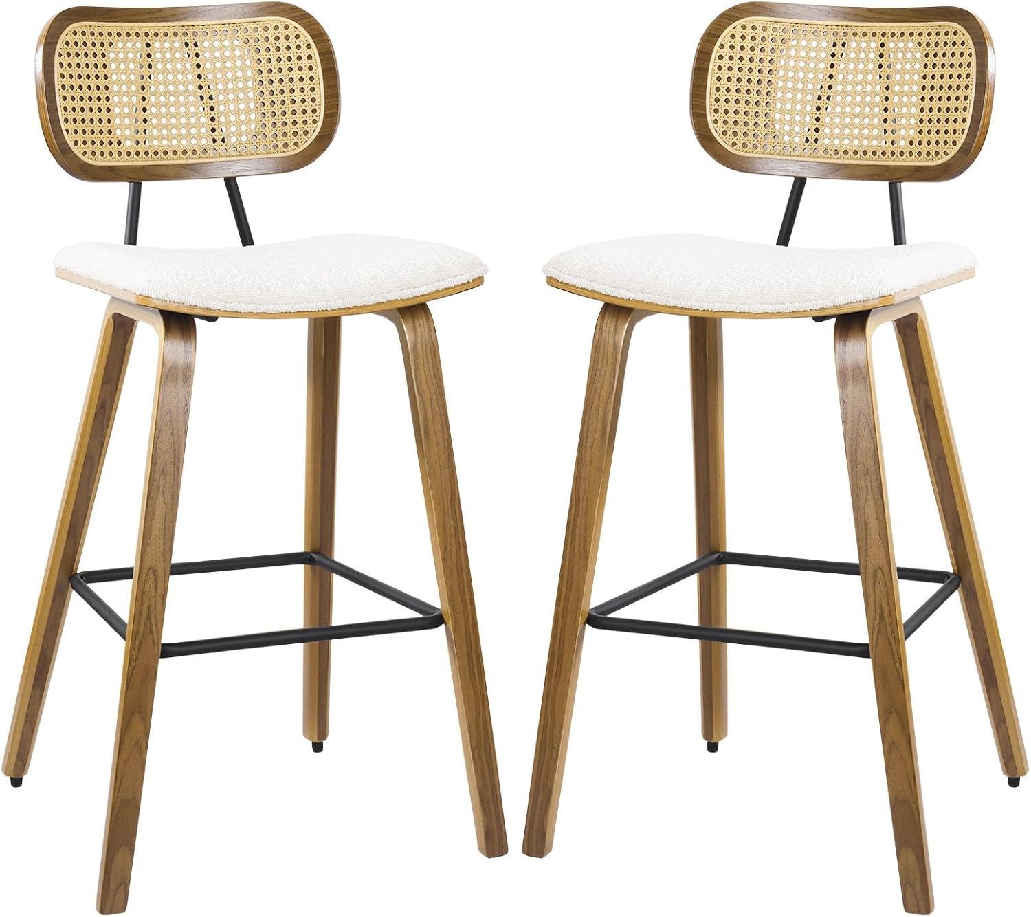 Counter Height Bar Stools Set of 2, Mid Century Modern Counter Stools, 26" Wood Kitchen Stool Boucle Fabric Upholstered Barstool with Rattan Back, Counter Height Island Dining Bar Chair, White