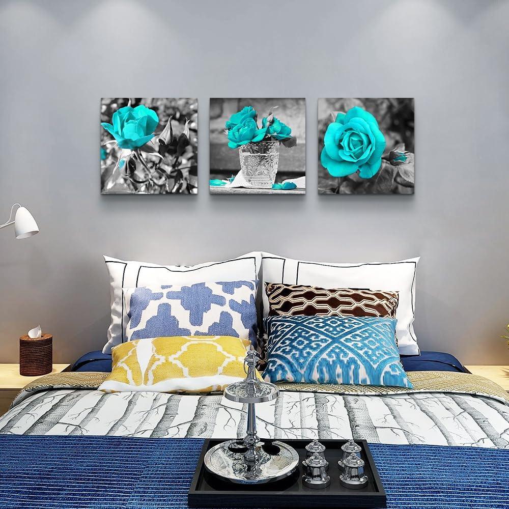 Canvas Wall Art For Bedroom Wall Decor For Living Room Black And White Wall Paintings Blue Rose Flowers Pictures Watercolor Giclee Canvas Prints Ready To Hang Room For Girls Home Decoration 3 Piece