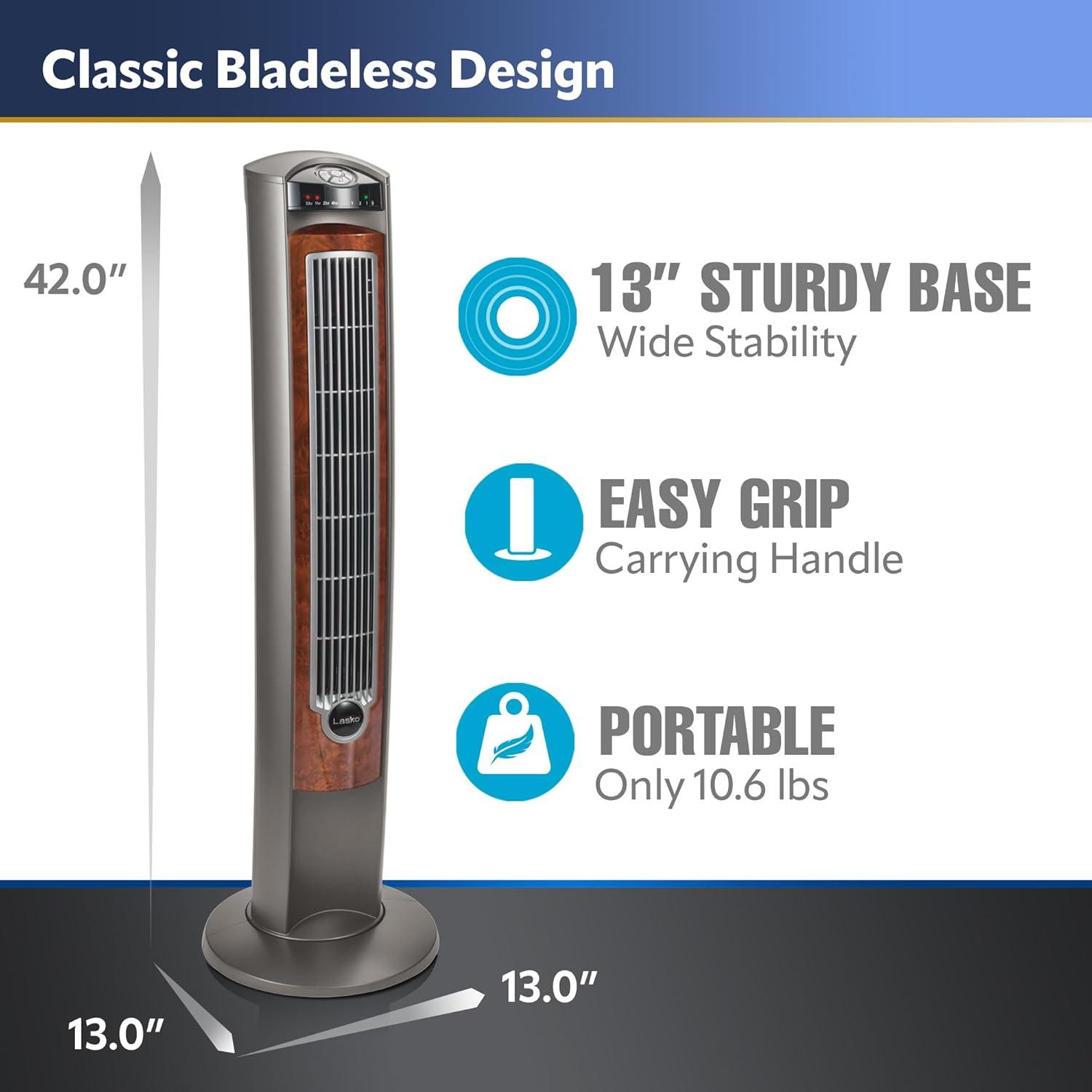 Lasko 42" Wind Curve Tower Fan with Nighttime Setting, Timer and Remote, Gray/Brown, T42954, New