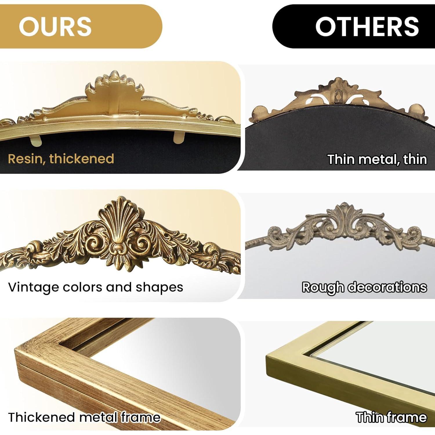 BohoBliss 24"X36" Gold Vintage Mirror for Wall, Antique Arch Mirror, Victorian Ornate Baroque Mirror for Wall, Mantel, Fireplace, Living Room, Hallway, Bathroom, Bedroom, Entryway