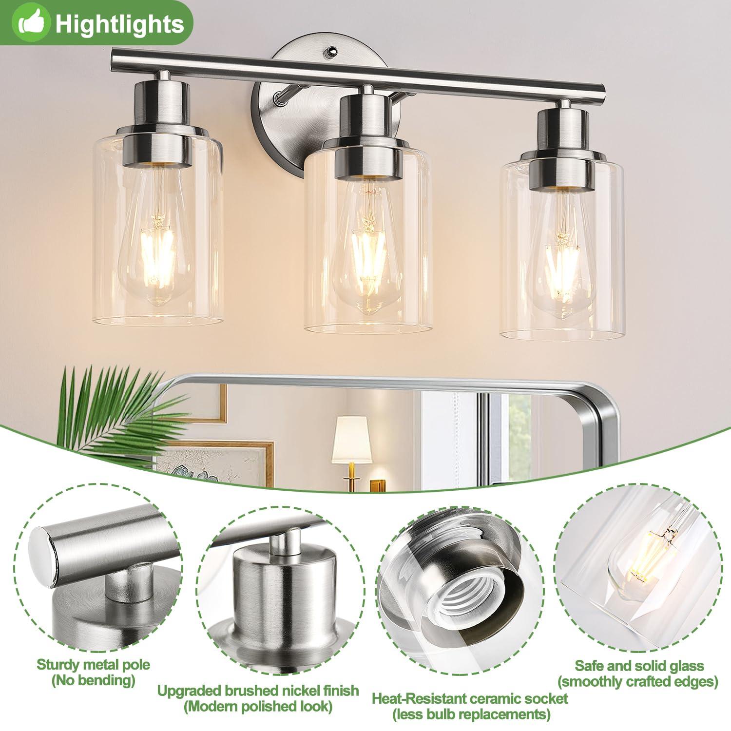 3-Light Bathroom Light Fixtures, Brushed Nickel Vanity Light, Farmhouse Wall Lights with Clear Glass Shade, Bathroom Wall Lamp for Mirror Kitchen Bedroom Hallway Living Room Hallway Cabinet