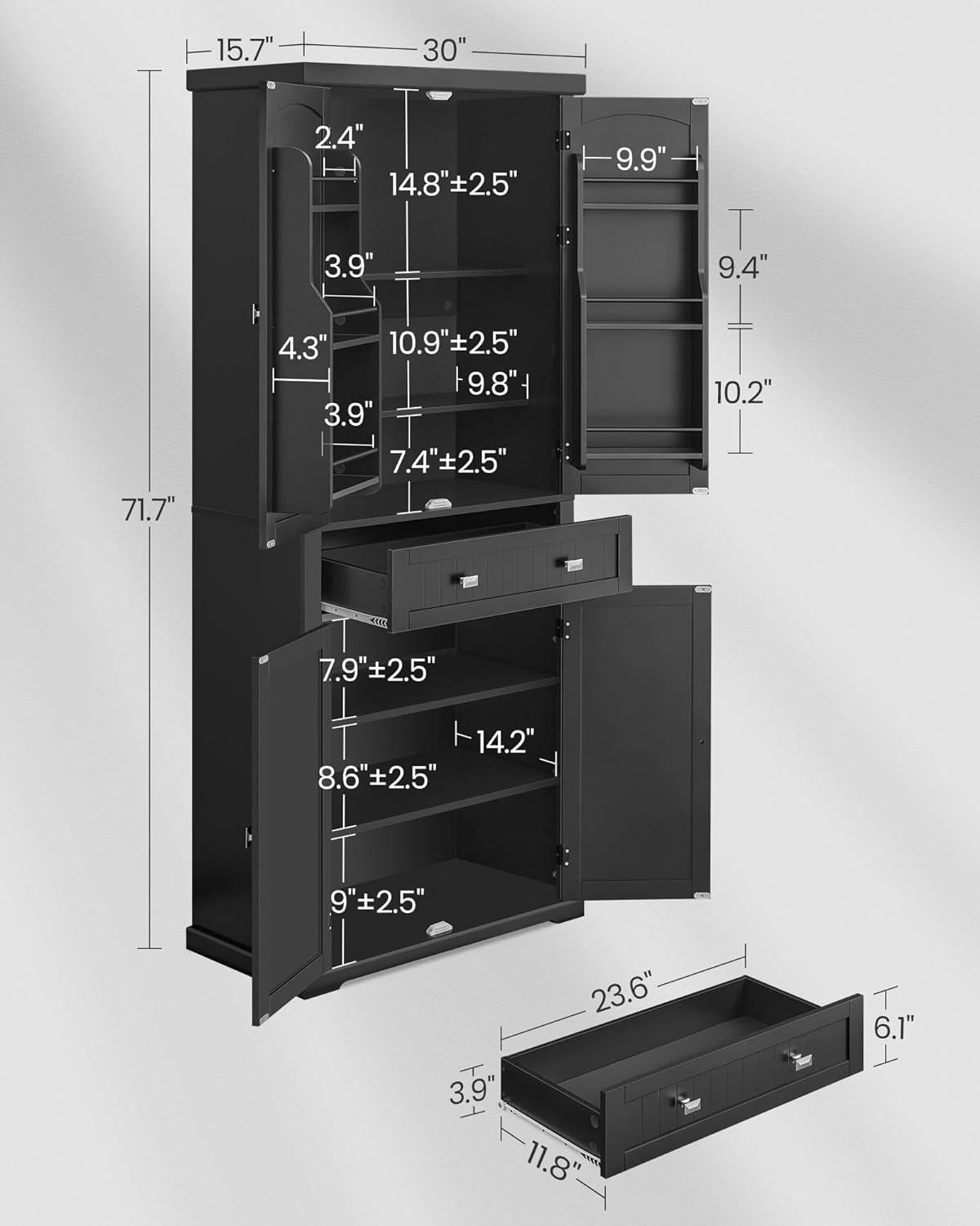 Ink Black Tall Freestanding Kitchen Pantry Cabinet with Adjustable Shelves