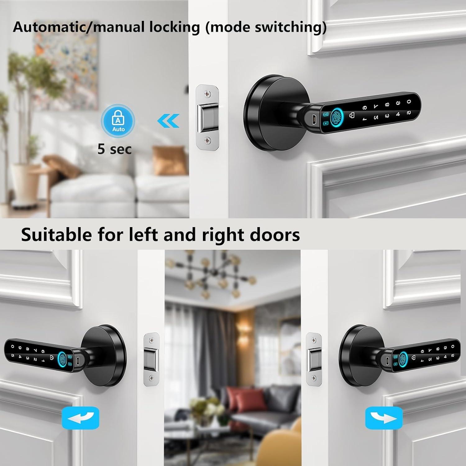 Fingerprint Door Lock- Smart Door knob,biometric Door Lock，with passcode keypad keyless Entry Door Handle，for Bedroom Home Hotel Office Apartment (Black with APP)