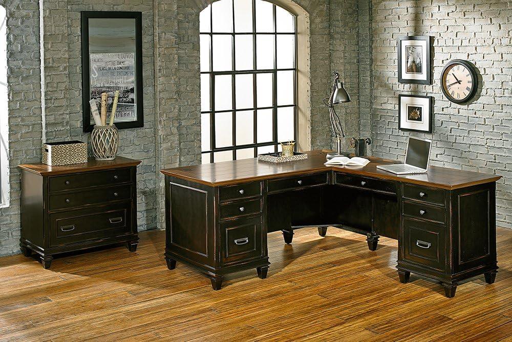 Martin Furniture Hartford L Shaped Pedestal Desk Brown: Executive Office Workstation with Metal Hardware